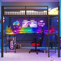 Lit Mezzanine 140x200 cm-Bureau Intégré, Éclairage LED Réglable et Panneau Perforé, Ports USB, Type-C et 2 Prises - Métal/MDF Noir