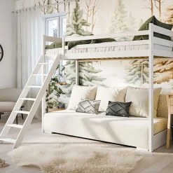 Lit mezzanine 90x200 sommier et canape inclus Orlane Blanc et blanc casse