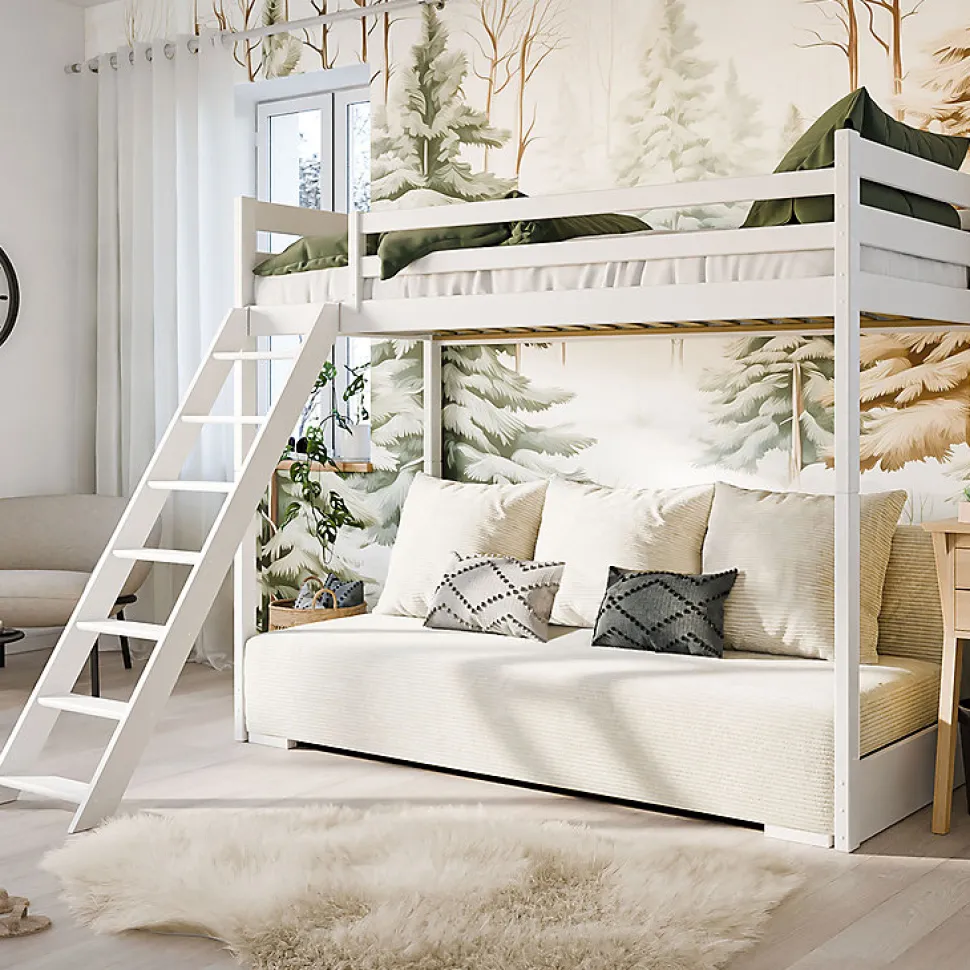 Lit mezzanine 90x200 sommier et canape inclus Orlane Blanc et blanc casse