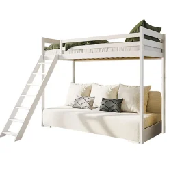 Lit mezzanine 90x200 sommier et canape inclus Orlane Blanc et blanc casse