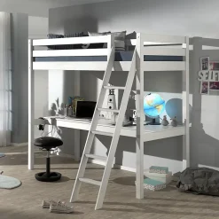 Lit Mezzanine 90x200 Sommier Inclus et Bureau Vipack Pino - Blanc