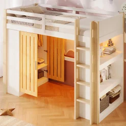 Lit mezzanine 90x200cm - avec éclairage LED - avec armoire - avec étagères - blanc + naturel (matelas non inclus)