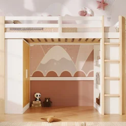 Lit mezzanine 90x200cm - avec éclairage LED - avec armoire - avec étagères - blanc + naturel (matelas non inclus)