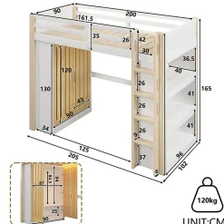 Lit mezzanine 90x200cm - avec éclairage LED - avec armoire - avec étagères - blanc + naturel (matelas non inclus)