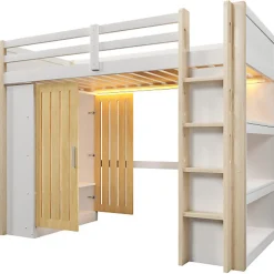 Lit mezzanine 90x200cm - avec éclairage LED - avec armoire - avec étagères - blanc + naturel (matelas non inclus)