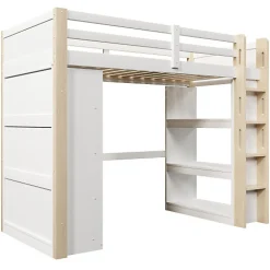 Lit mezzanine 90x200cm - avec éclairage LED - avec armoire - avec étagères - blanc + naturel (matelas non inclus)