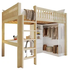 Lit mezzanine 140x200cm - bureau et armoire - 3 tiroirs - escalier - naturel (matelas non inclus)