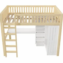 Lit mezzanine 140x200cm - bureau et armoire - 3 tiroirs - escalier - naturel (matelas non inclus)