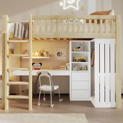 Lit mezzanine 90x200cm - bureau et armoire - 3 tiroirs - escalier - naturel (matelas non inclus)