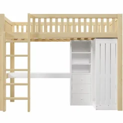 Lit mezzanine 90x200cm - bureau et armoire - 3 tiroirs - escalier - naturel (matelas non inclus)
