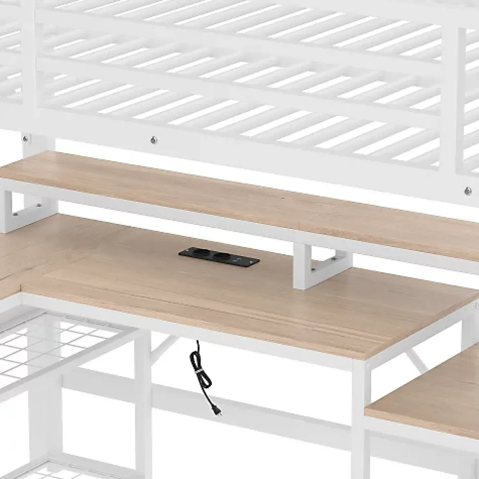 Lit mezzanine 140x200cm - escalier de sécurité - rambarde - LED - bureau - port USB - blanc (matelas non inclus)