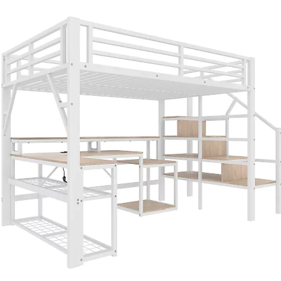 Lit mezzanine 140x200cm - escalier de sécurité - rambarde - LED - bureau - port USB - blanc (matelas non inclus)