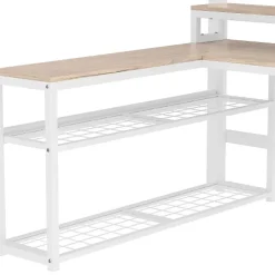 Lit mezzanine 140x200cm - escalier de sécurité - rambarde - LED - bureau - port USB - blanc (matelas non inclus)