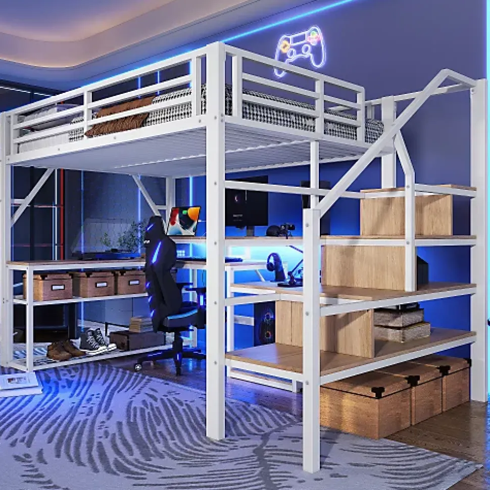 Lit mezzanine 140x200cm - escalier de sécurité - rambarde - LED - bureau - port USB - blanc (matelas non inclus)