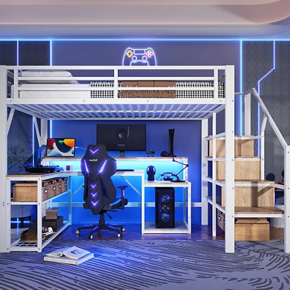 Lit mezzanine 140x200cm - escalier de sécurité - rambarde - LED - bureau - port USB - blanc (matelas non inclus)