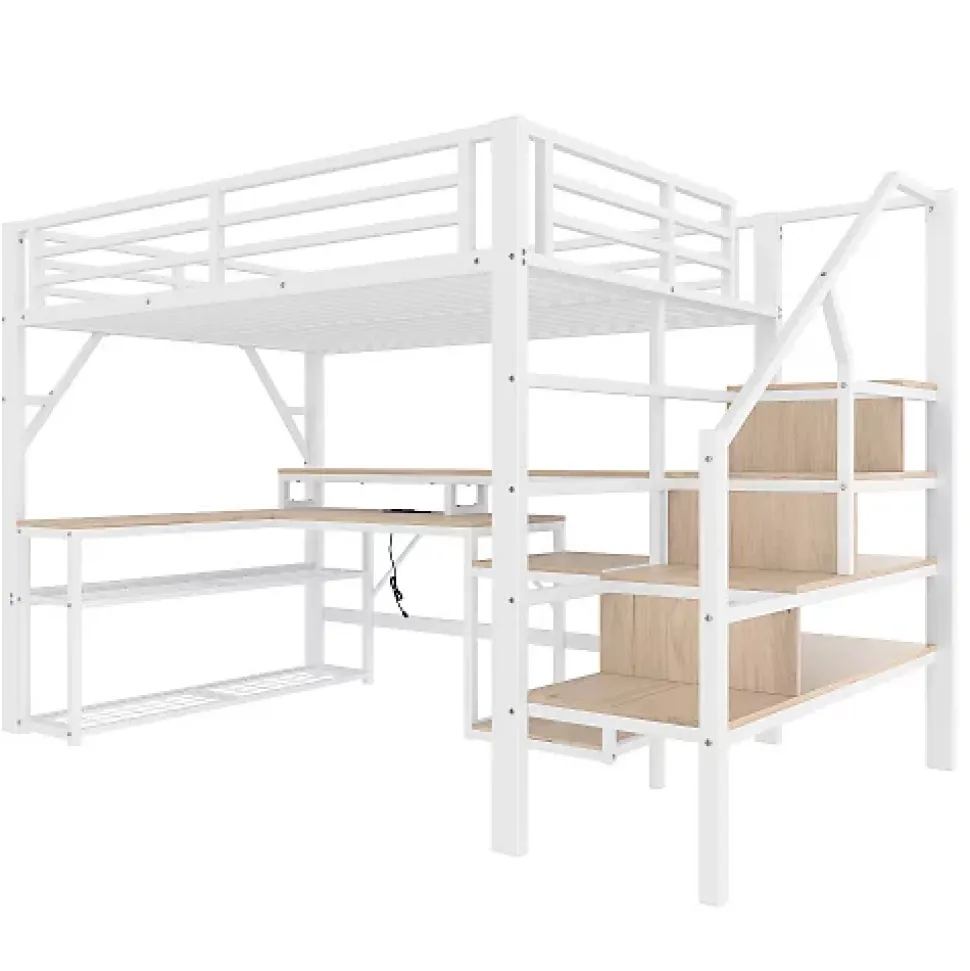Lit mezzanine 140x200cm - escalier de sécurité - rambarde - LED - bureau - port USB - blanc (matelas non inclus)