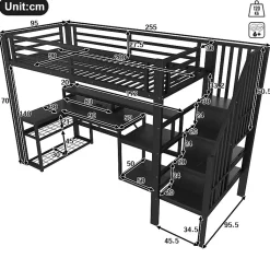 Lit mezzanine 90x200cm - escalier de sécurité - rambarde - LED - bureau - port USB - noir (matelas non inclus)