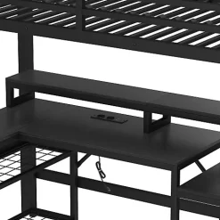 Lit mezzanine 90x200cm - escalier de sécurité - rambarde - LED - bureau - port USB - noir (matelas non inclus)