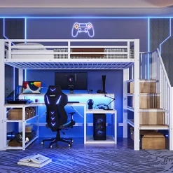 Lit mezzanine 90x200cm - escalier de sécurité - rambarde - LED - bureau - port USB - blanc (matelas non inclus)