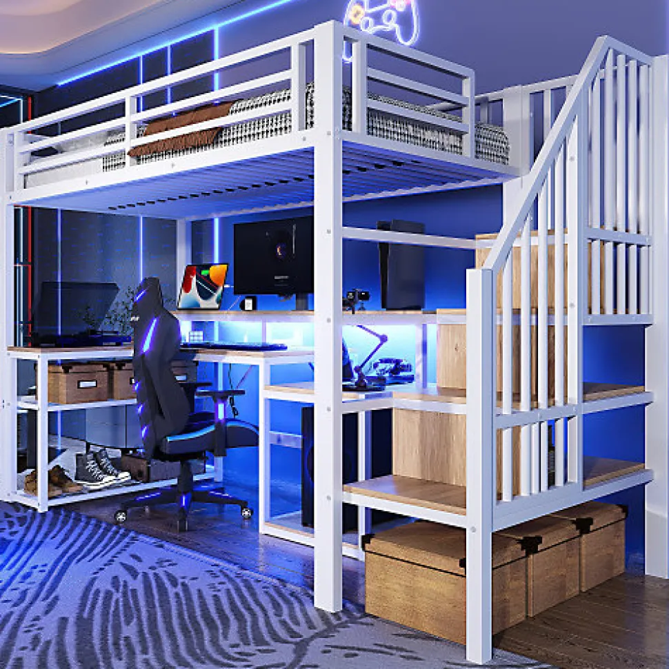 Lit mezzanine 90x200cm - escalier de sécurité - rambarde - LED - bureau - port USB - blanc (matelas non inclus)