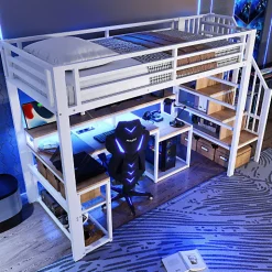 Lit mezzanine 90x200cm - escalier de sécurité - rambarde - LED - bureau - port USB - blanc (matelas non inclus)