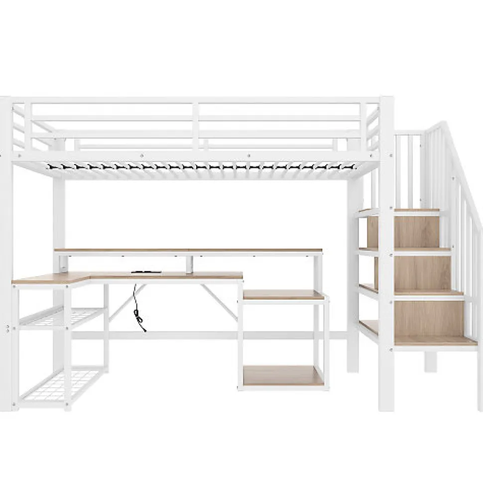 Lit mezzanine 90x200cm - escalier de sécurité - rambarde - LED - bureau - port USB - blanc (matelas non inclus)