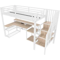 Lit mezzanine 90x200cm - escalier de sécurité - rambarde - LED - bureau - port USB - blanc (matelas non inclus)