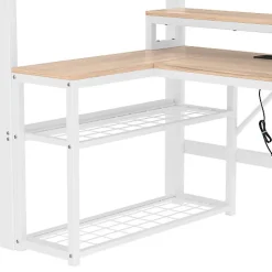 Lit mezzanine 90x200cm - escalier de sécurité - rambarde - LED - bureau - port USB - blanc (matelas non inclus)