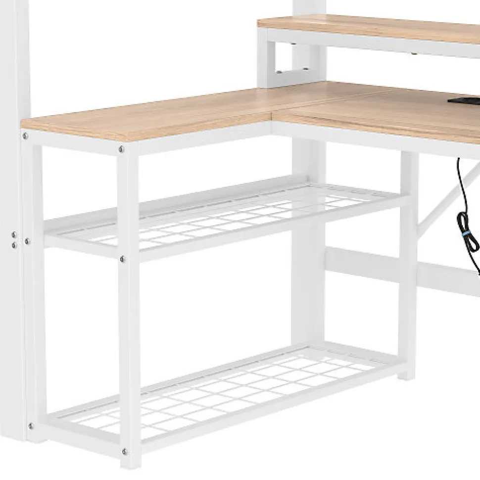 Lit mezzanine 90x200cm - escalier de sécurité - rambarde - LED - bureau - port USB - blanc (matelas non inclus)