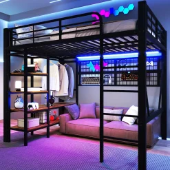 Lit mezzanine 140x200cm - structure en fer - rangements - éclairage LED - noir (matelas non inclus)