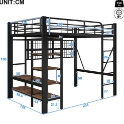 Lit mezzanine 140x200cm - structure en fer - rangements - éclairage LED - noir (matelas non inclus)