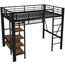 Lit mezzanine 140x200cm - structure en fer - rangements - éclairage LED - noir (matelas non inclus)