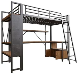 Lit mezzanine 90x200cm - structure en fer - bureau avec étagère - LED - port USB - noir (matelas non inclus)