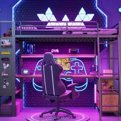 Lit mezzanine 90x200cm - structure en fer - bureau avec étagère - LED - port USB - noir (matelas non inclus)