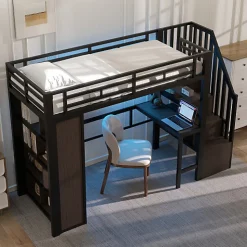 Lit mezzanine 90x200cm - structure en fer - bureau - rangements - LED - escalier - noir (matelas non inclus)