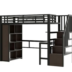 Lit mezzanine 90x200cm - structure en fer - bureau - rangements - LED - escalier - noir (matelas non inclus)