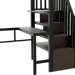 Lit mezzanine 90x200cm - structure en fer - bureau - rangements - LED - escalier - noir (matelas non inclus)