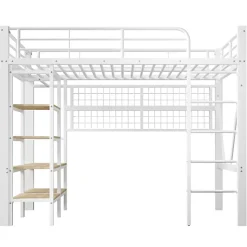 Lit mezzanine 90x200cm - structure en fer - rangements - éclairage LED - blanc (matelas non inclus)