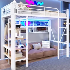 Lit mezzanine 90x200cm - structure en fer - rangements - éclairage LED - blanc (matelas non inclus)