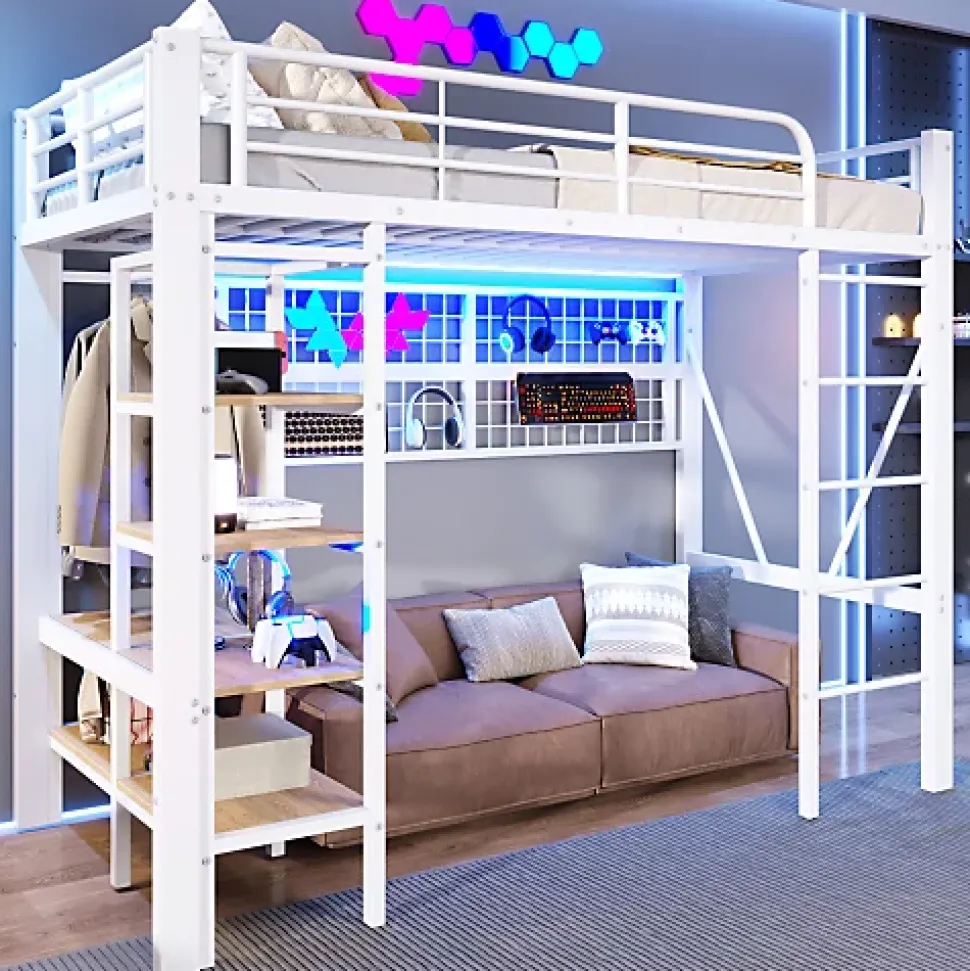 Lit mezzanine 90x200cm - structure en fer - rangements - éclairage LED - blanc (matelas non inclus)