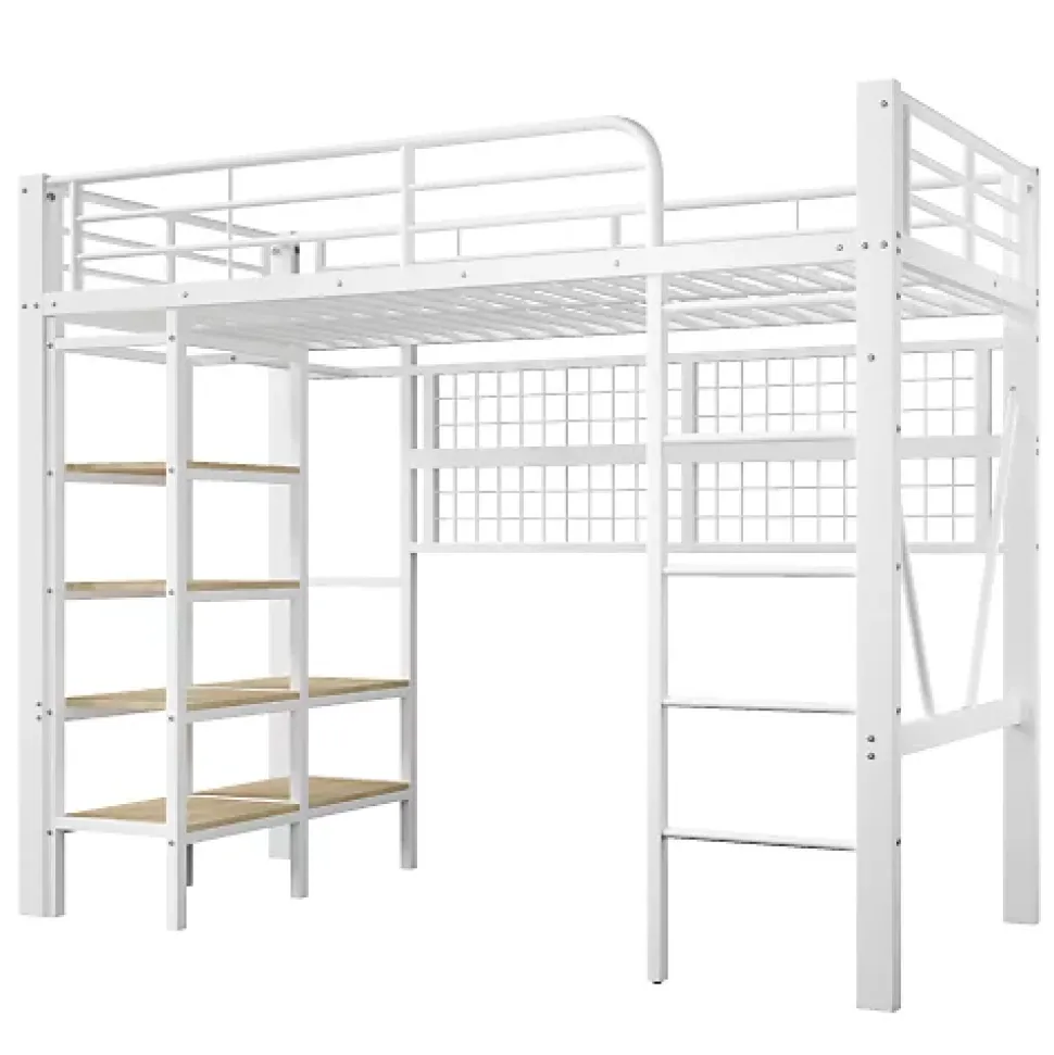 Lit mezzanine 90x200cm - structure en fer - rangements - éclairage LED - blanc (matelas non inclus)