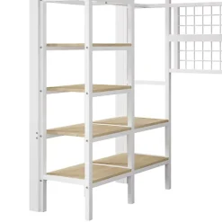 Lit mezzanine 90x200cm - structure en fer - rangements - éclairage LED - blanc (matelas non inclus)