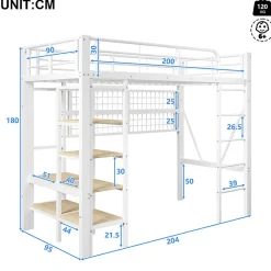 Lit mezzanine 90x200cm - structure en fer - rangements - éclairage LED - blanc (matelas non inclus)