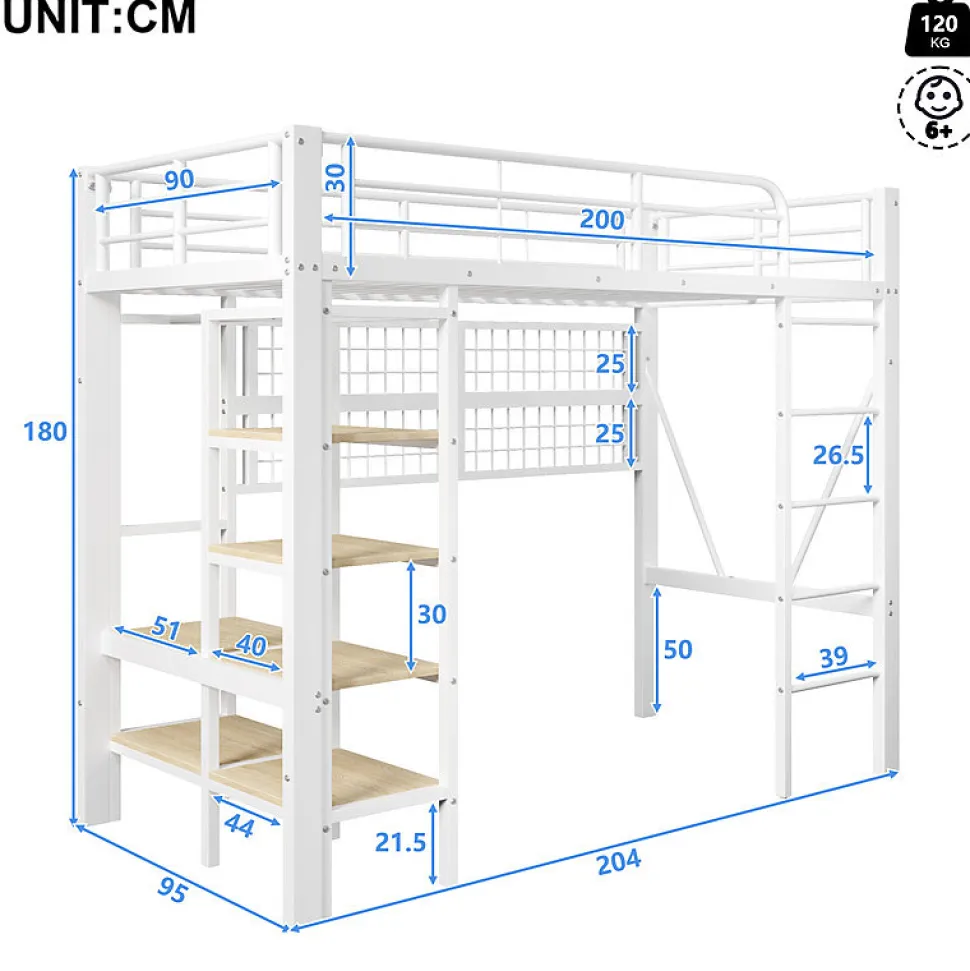 Lit mezzanine 90x200cm - structure en fer - rangements - éclairage LED - blanc (matelas non inclus)