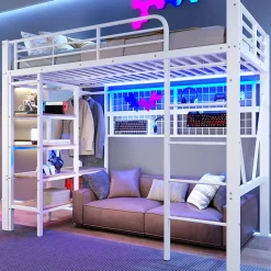 Lit mezzanine 90x200cm - structure en fer - rangements - éclairage LED - blanc (matelas non inclus)