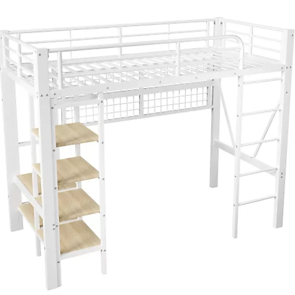 Lit mezzanine 90x200cm - structure en fer - rangements - éclairage LED - blanc (matelas non inclus)