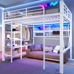 Lit mezzanine 140x200cm - structure en fer - rangements - éclairage LED - blanc (matelas non inclus)