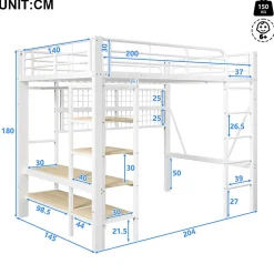 Lit mezzanine 140x200cm - structure en fer - rangements - éclairage LED - blanc (matelas non inclus)