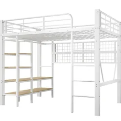 Lit mezzanine 140x200cm - structure en fer - rangements - éclairage LED - blanc (matelas non inclus)