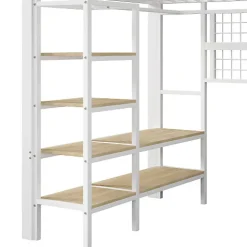 Lit mezzanine 140x200cm - structure en fer - rangements - éclairage LED - blanc (matelas non inclus)